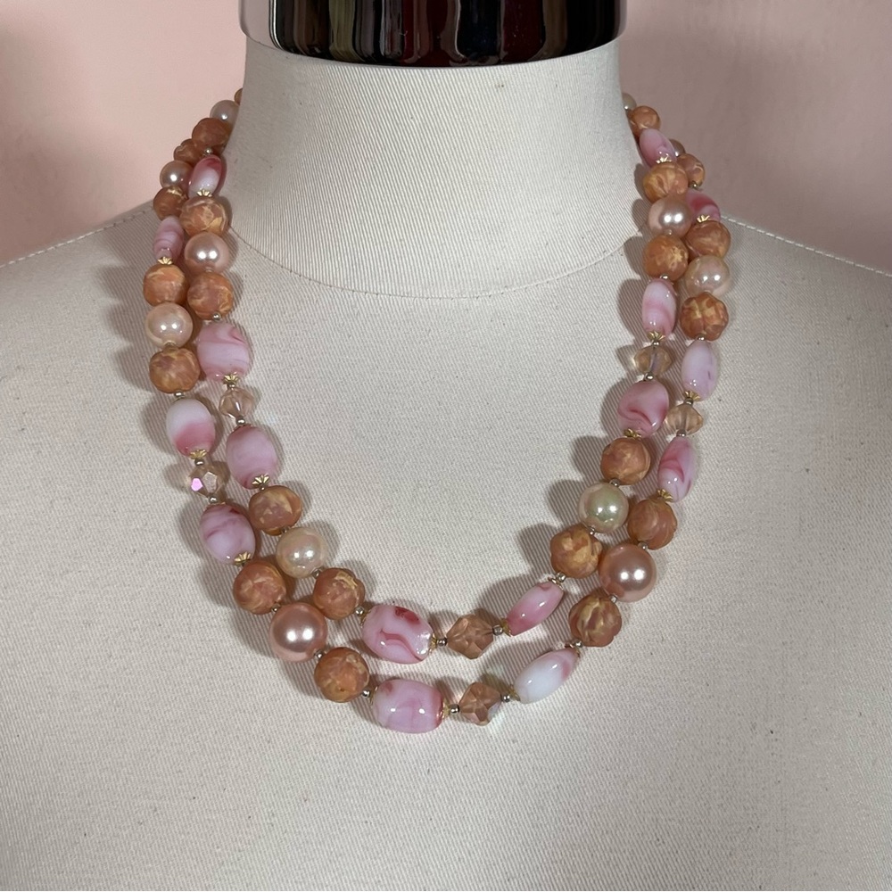 Vintage pale Pink Japan Glass Beaded Double Strand Art deco Necklace
